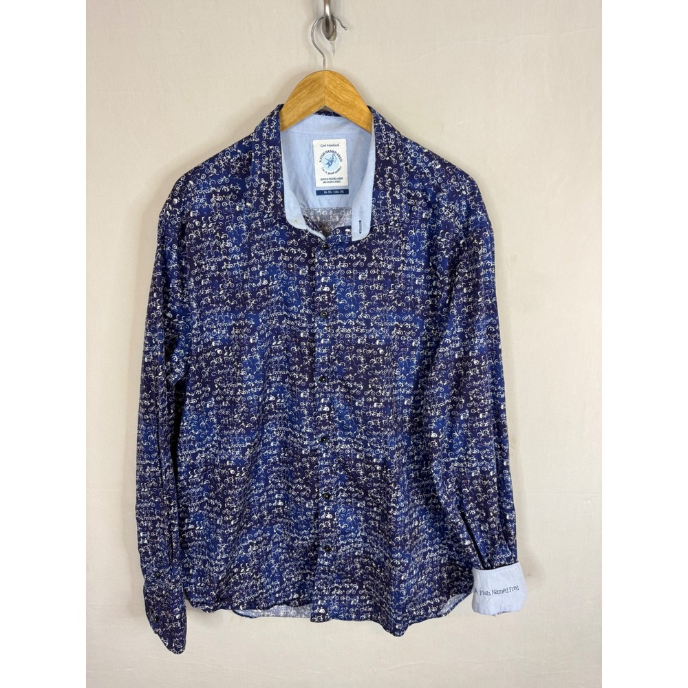 A Fish Named Fred Mens Bicycle Print Button Down Shirt Navy Blue 3XL Long Sleeve